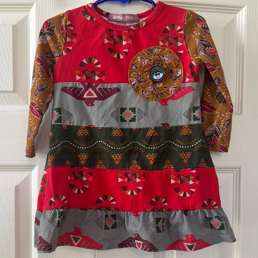 Jelly the Pug Red and Gray Aztec Patterned Long Sleeve Dress